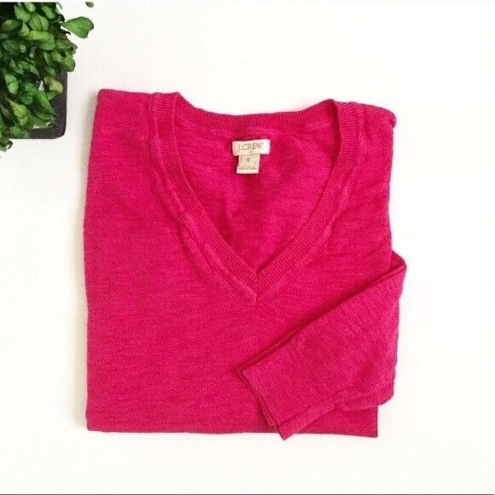 J Crew Sz M Pink Garment Dyed Slub V Neck Burnout Knit Sweater Womens